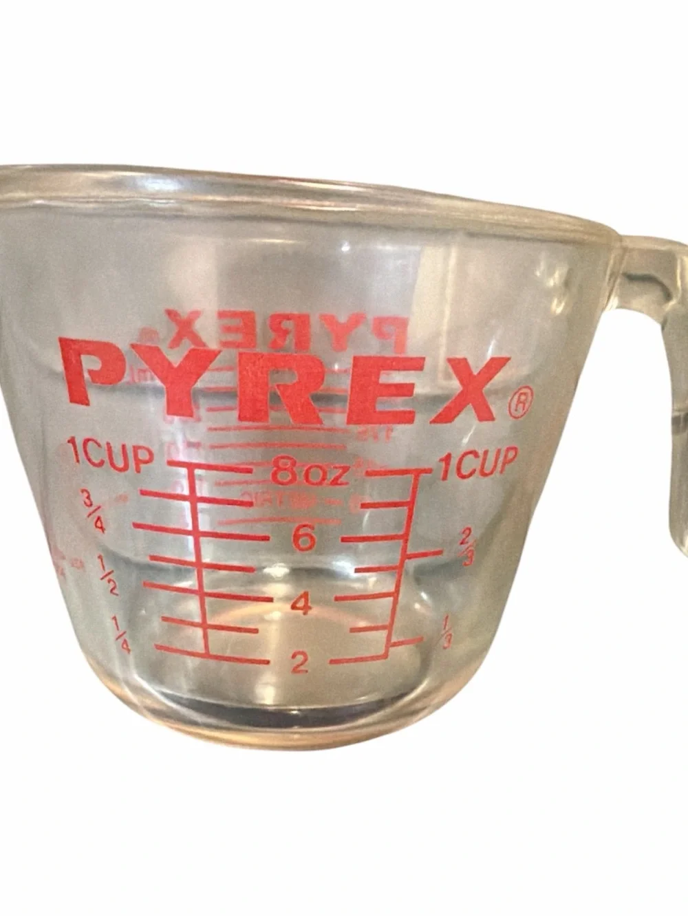 Vintage PYREX 508 borosilicate Glass 1-Cup Measuring Cup with Red Markings USA